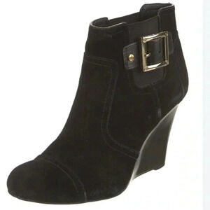 Tory Burch Suede Ankle Boots Wedge Heel Black Leather Gold Buckle Womens 9
